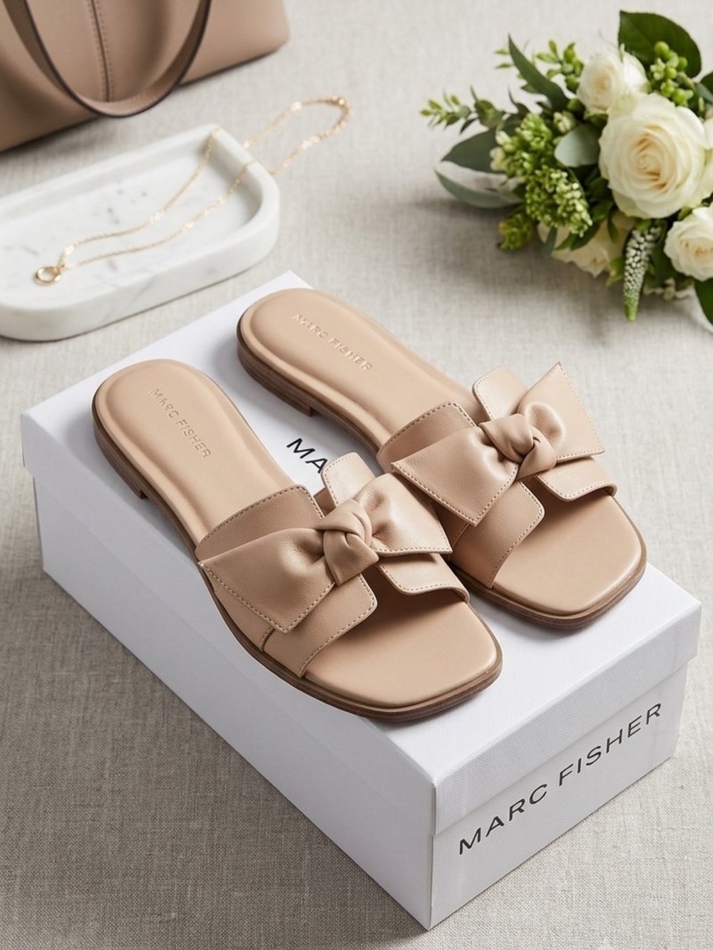 Marc Fisher Taupe Bow Slide Sandals